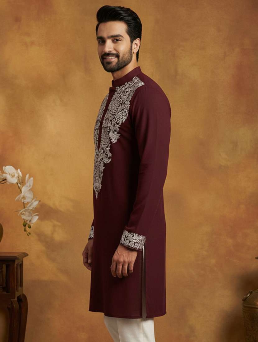 men embroidered mandarin collar long kurta - 22377500 -  Standard Image - 1