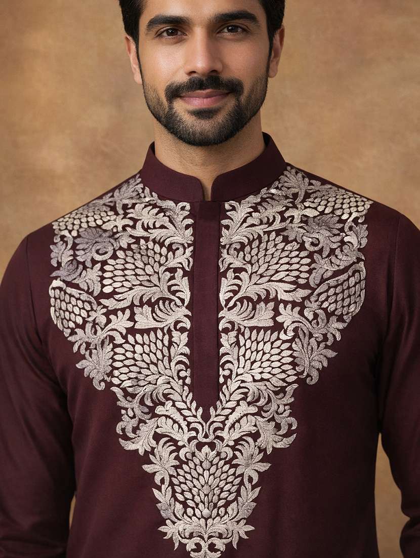 men embroidered mandarin collar long kurta - 22377500 -  Standard Image - 4