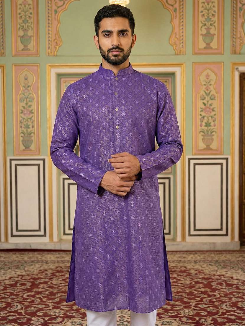 men printed mandarin collar long kurta - 22377506 -  Standard Image - 1
