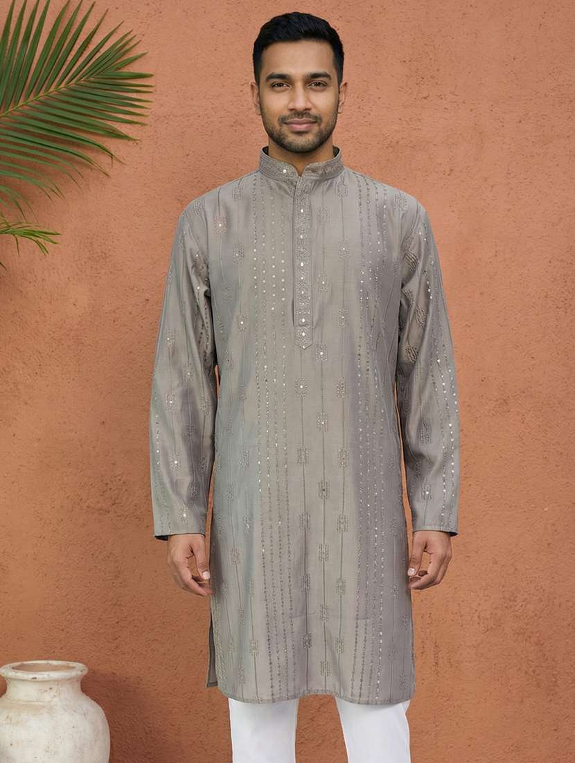 men embellished mandarin collar long kurta - 22377507 -  Standard Image - 1