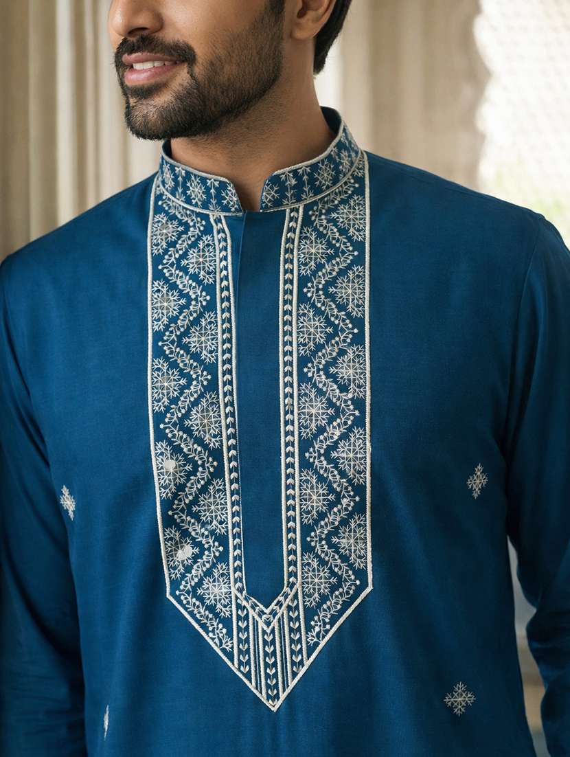 men embroidered mandarin collar long kurta - 22377511 -  Standard Image - 4