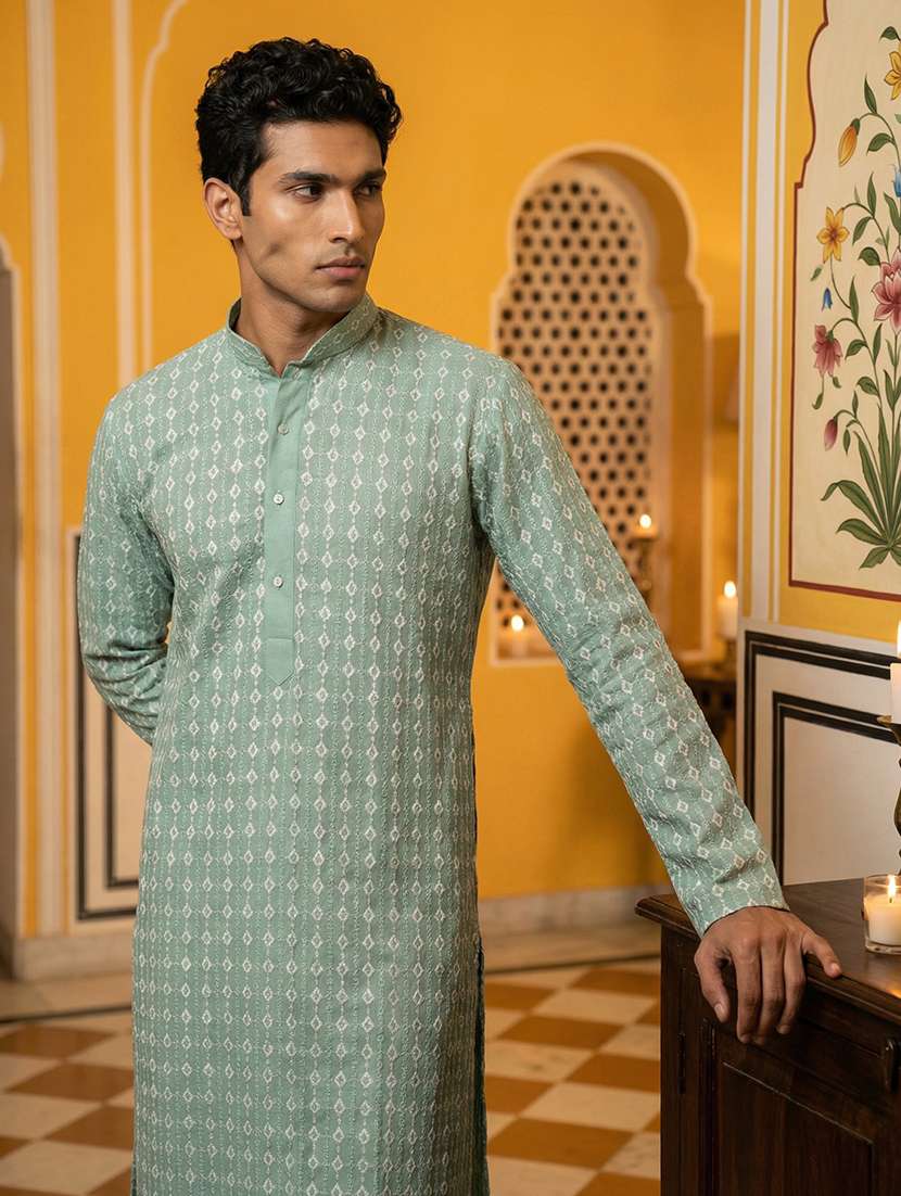 men embroidered mandarin collar long kurta - 22377512 -  Standard Image - 1
