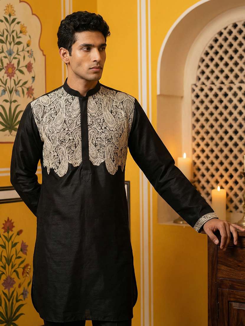 men embroidered mandarin collar long kurta - 22377516 -  Standard Image - 1