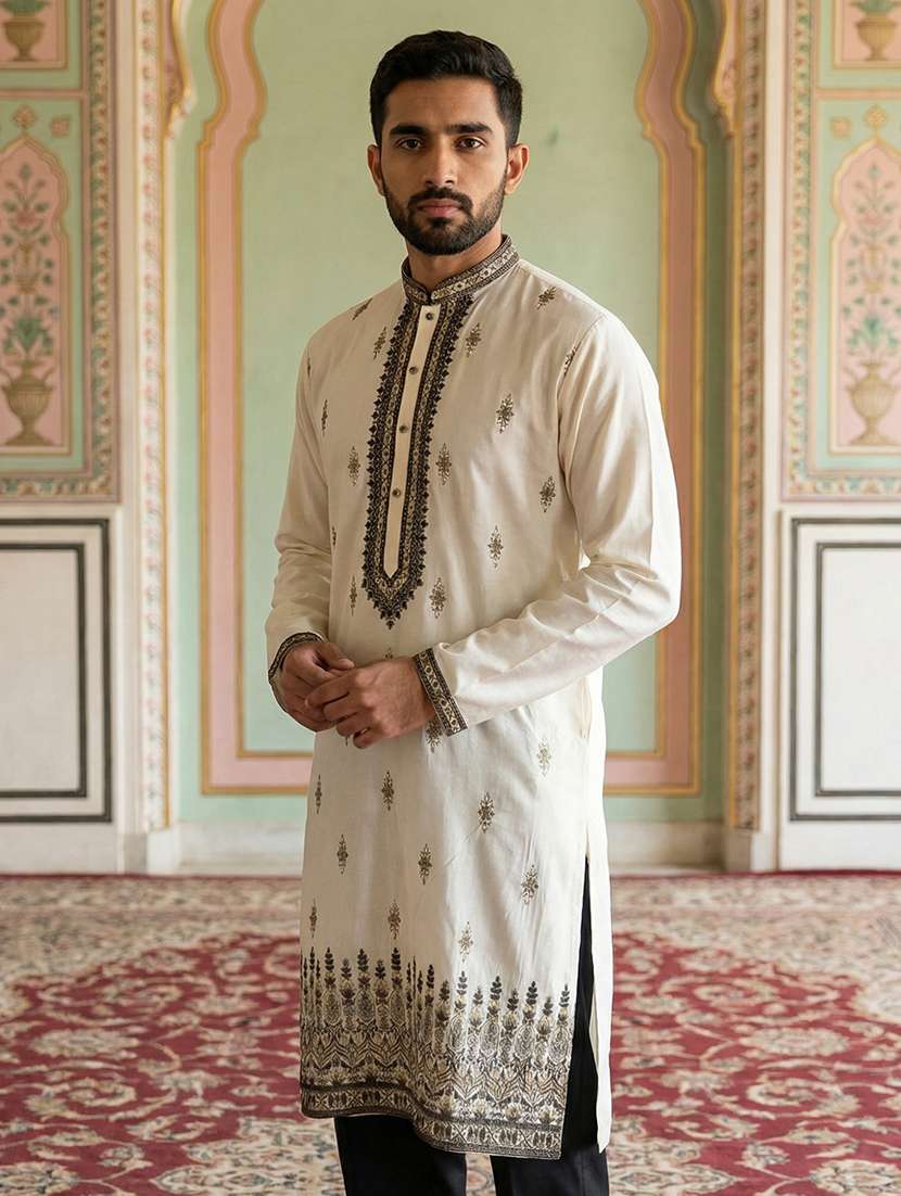 men embroidered mandarin collar long kurta - 22377519 -  Standard Image - 1