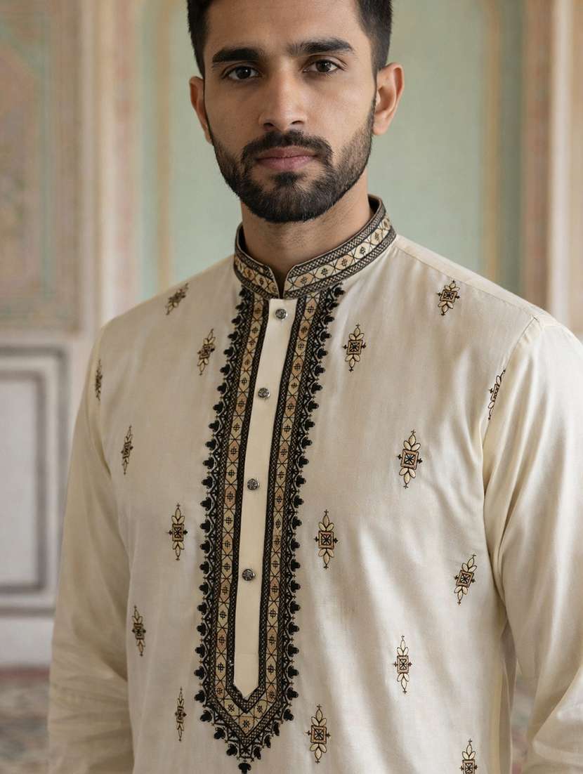 men embroidered mandarin collar long kurta - 22377519 -  Standard Image - 4