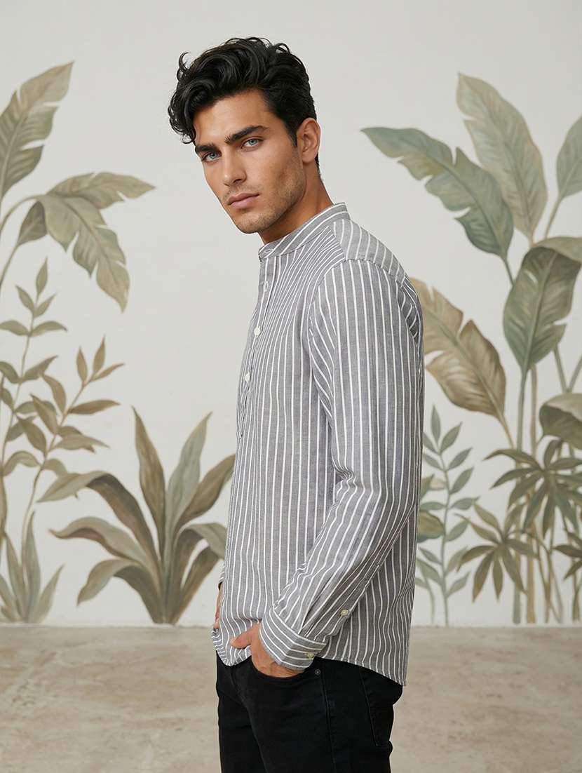 men striped mandarin neck long sleeve short kurta - 22377520 -  Standard Image - 1