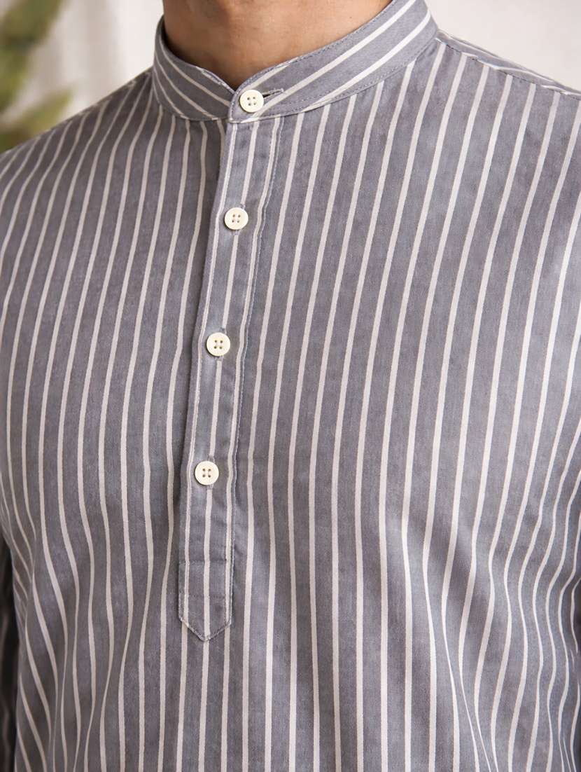 men striped mandarin neck long sleeve short kurta - 22377520 -  Standard Image - 4