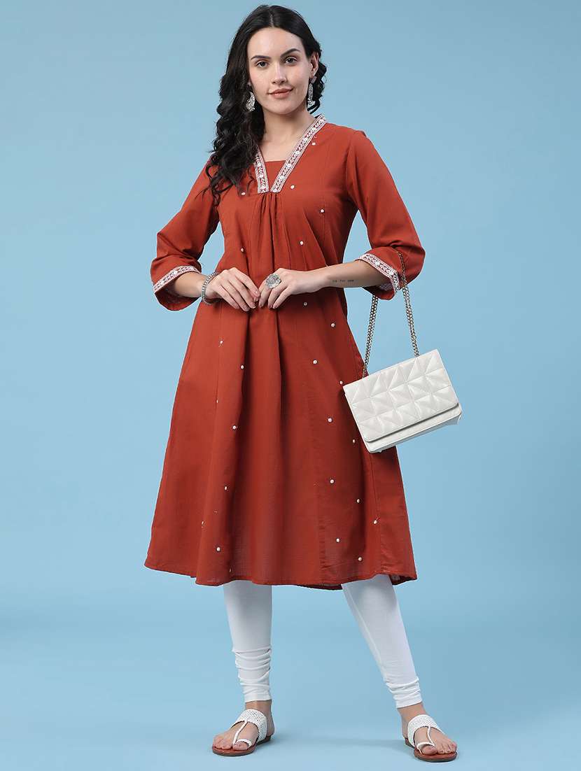 women embroidered three quarter sleeves a-line kurta