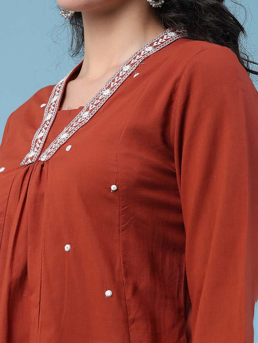 women embroidered three quarter sleeves a-line kurta - 22377688 -  Standard Image - 1