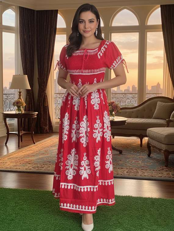 women printed puff sleeve fit & flare dress