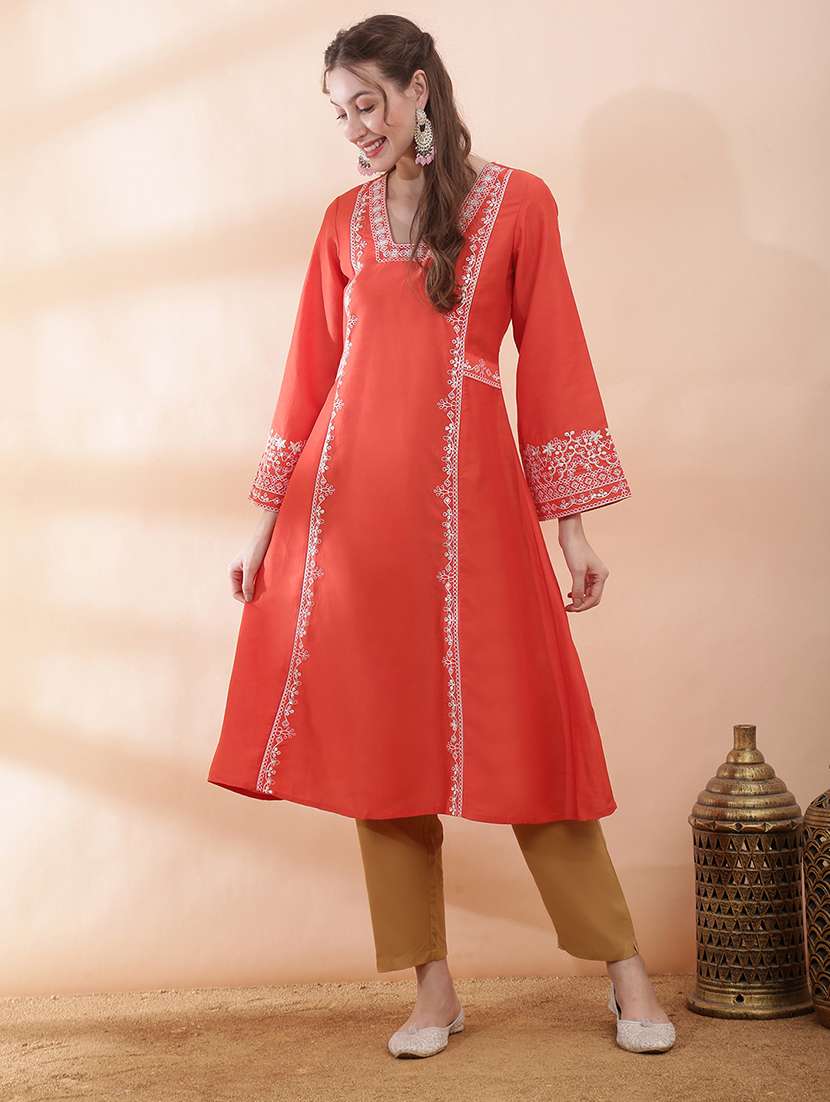 women solid with work long sleeve a-line kurta