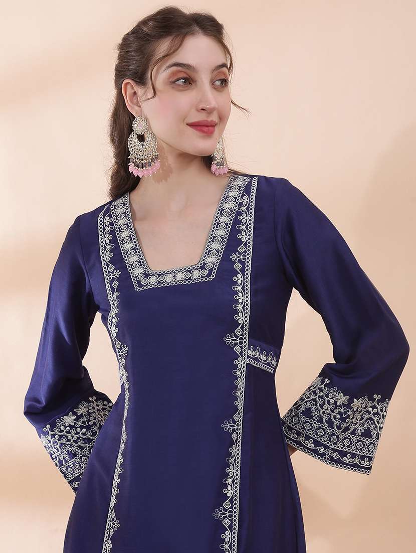 women solid with work long sleeve a-line kurta - 22378242 -  Standard Image - 1