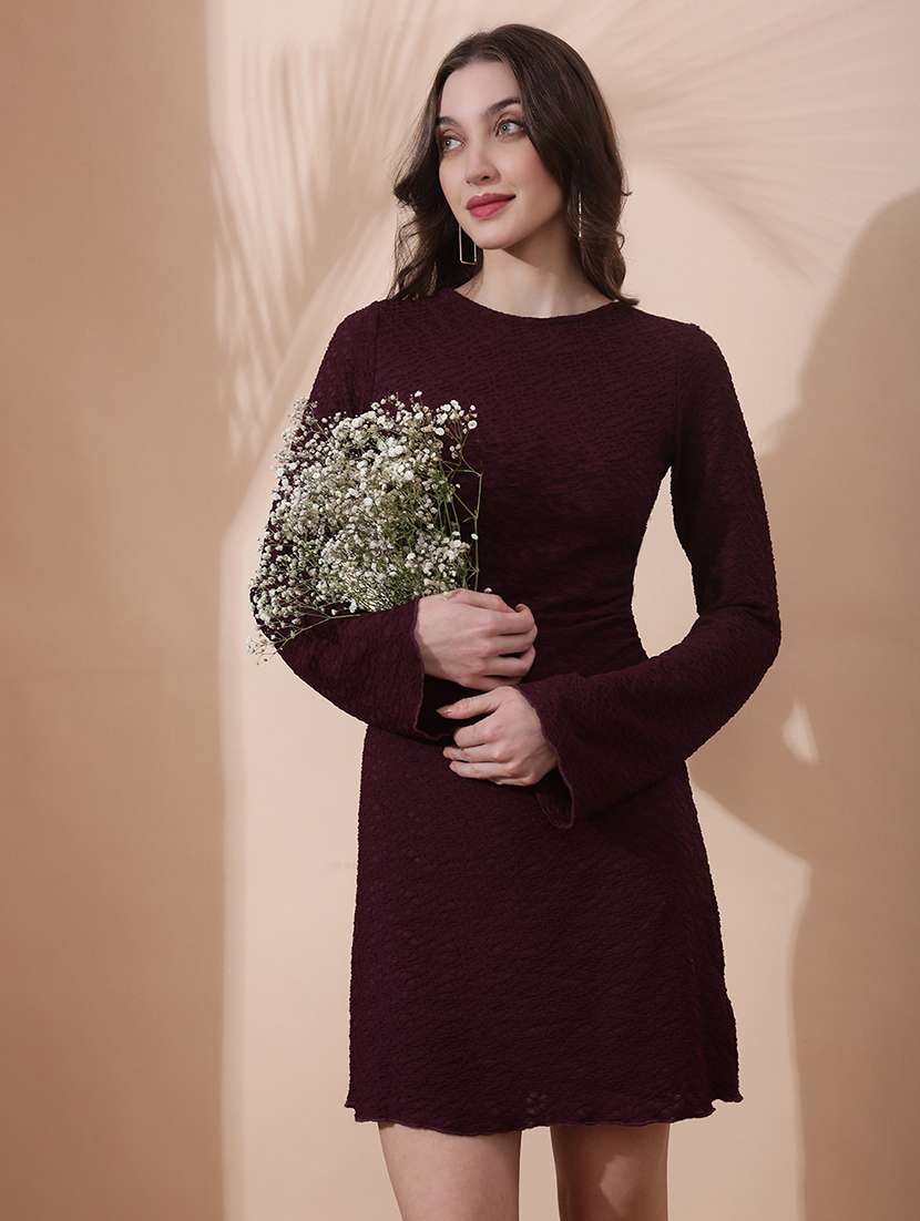 women solid bell sleeve sheath dress