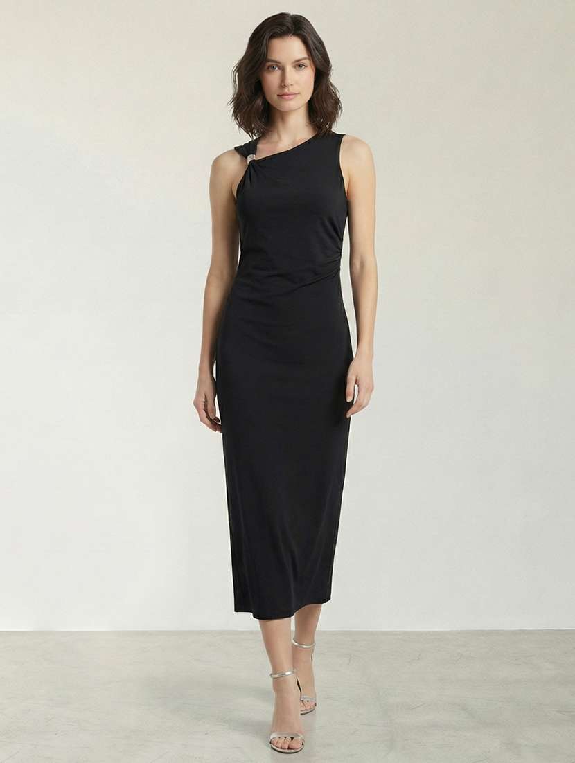 women solid single shoulder bodycon dress