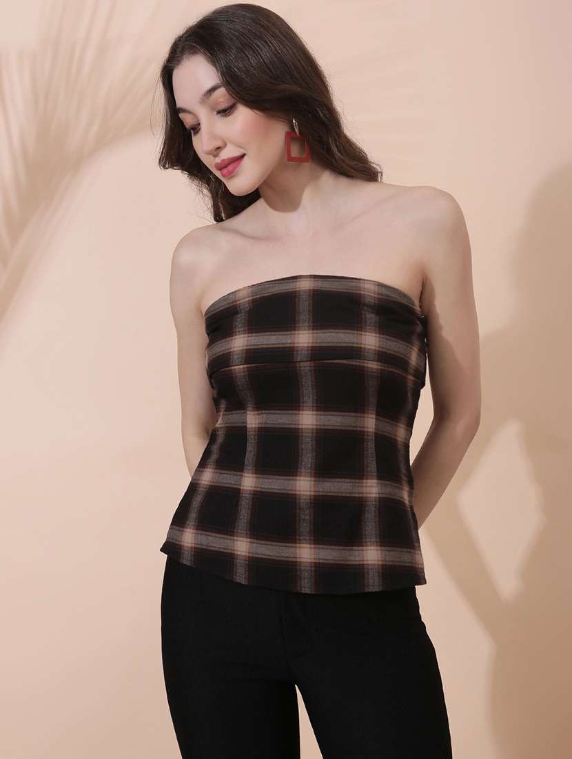 women checekered sleeveless tube top