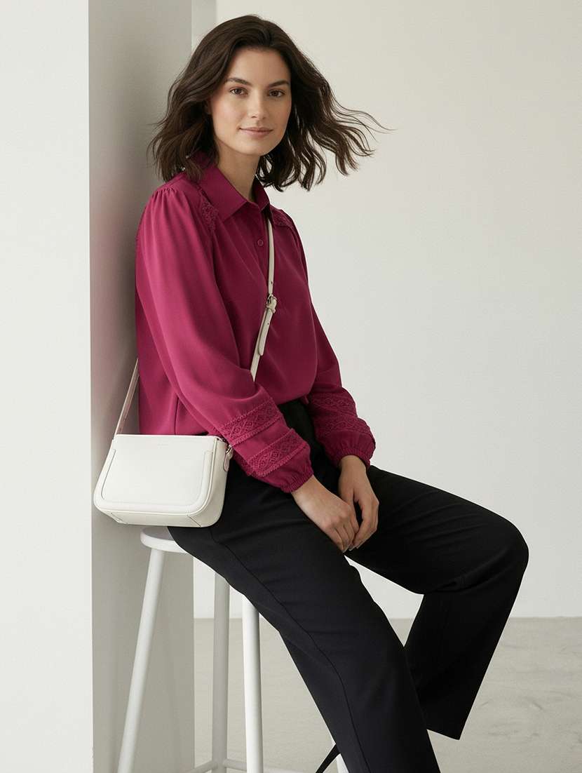 women solid collared bishop sleeve shirt top - 22378257 -  Standard Image - 4