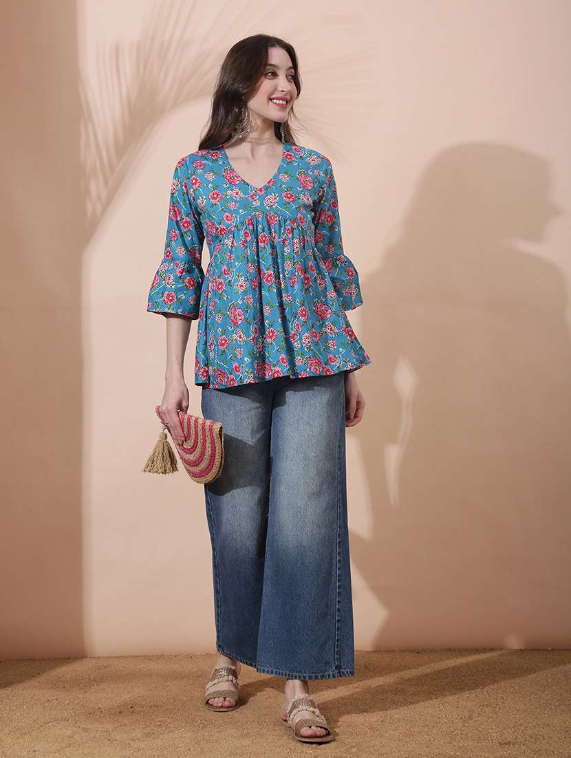 women floral print bell sleeve flared tunic - 22378260 -  Standard Image - 4