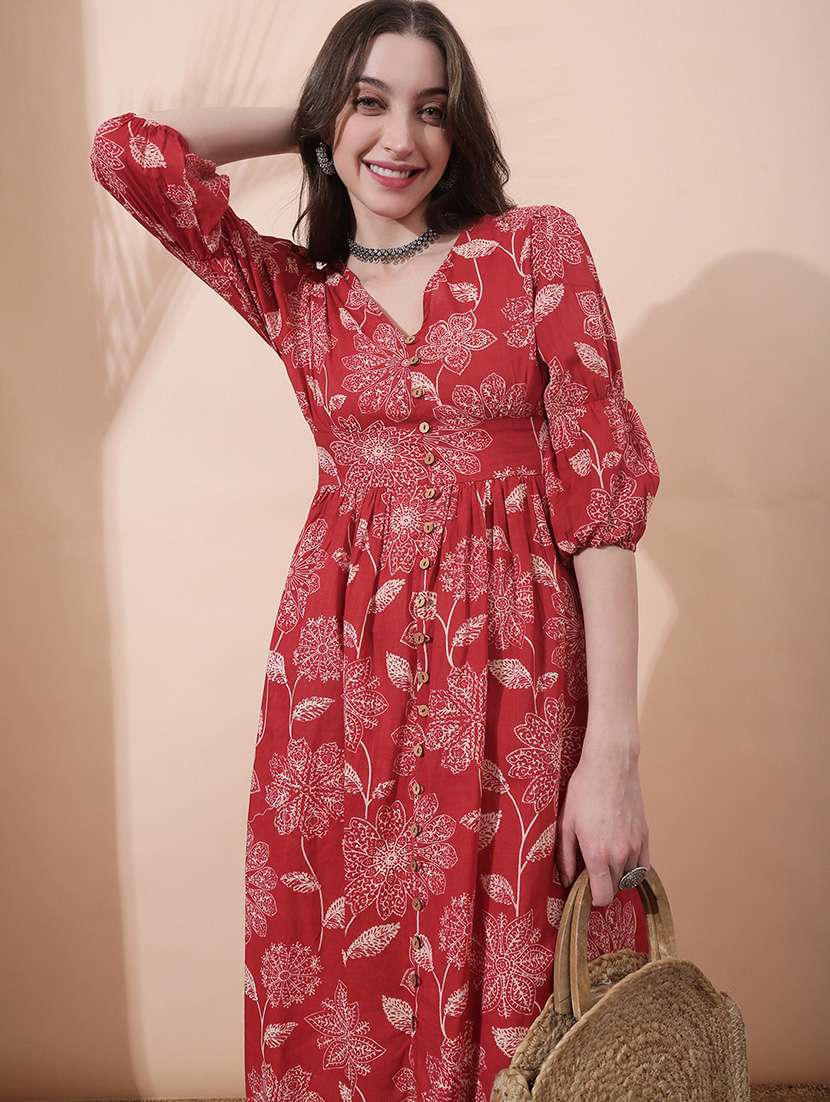 women floral printed puff sleeve ethnic dress - 22378275 -  Standard Image - 1