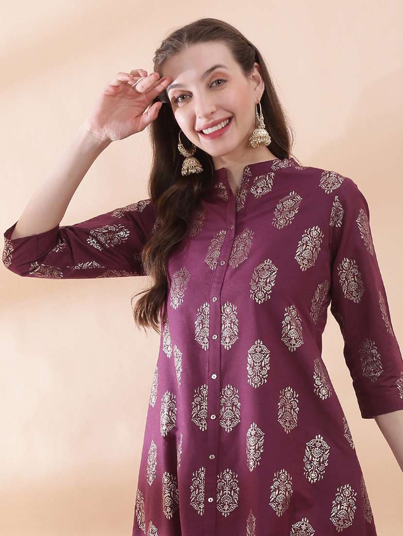 women foil printed three quarter sleeve a-line kurta - 22378296 -  Standard Image - 1
