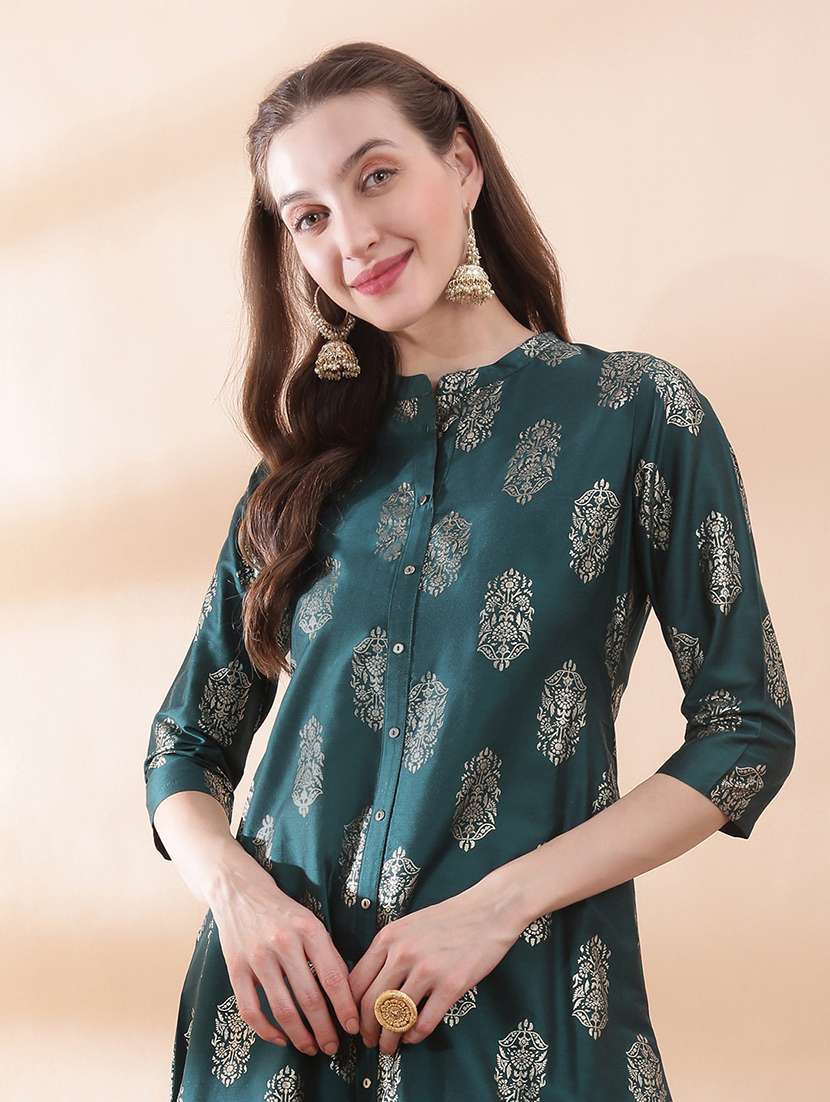 women foil printed three quarter sleeve a-line kurta - 22378297 -  Standard Image - 1