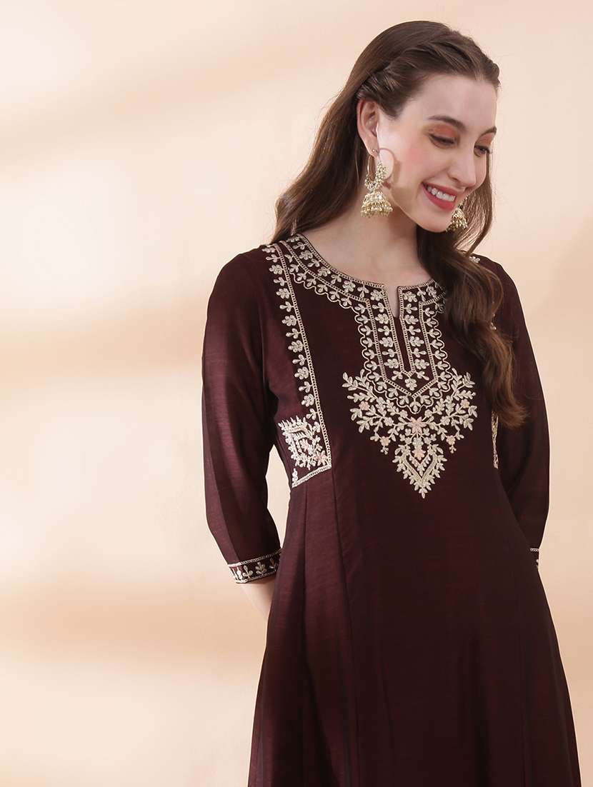 women solid with work three quarter sleeve a-line kurta - 22378298 -  Standard Image - 1