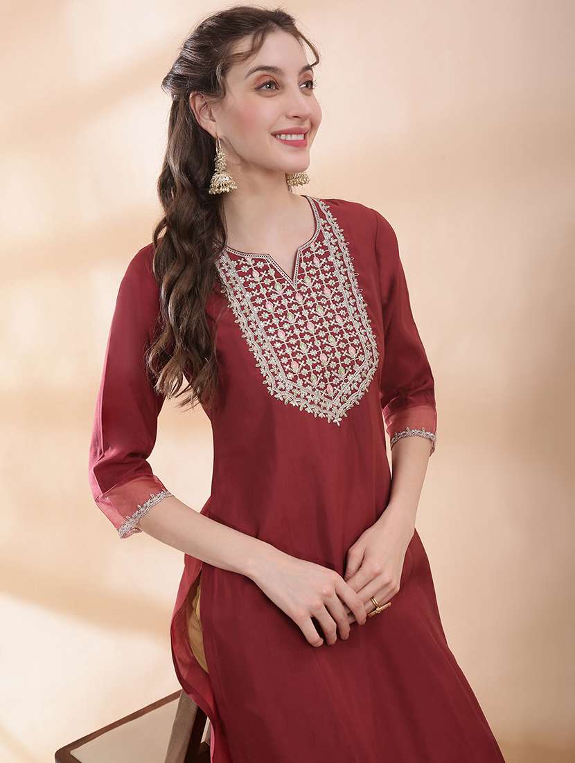 women solid with work three quarter sleeve straight kurta - 22378300 -  Standard Image - 1