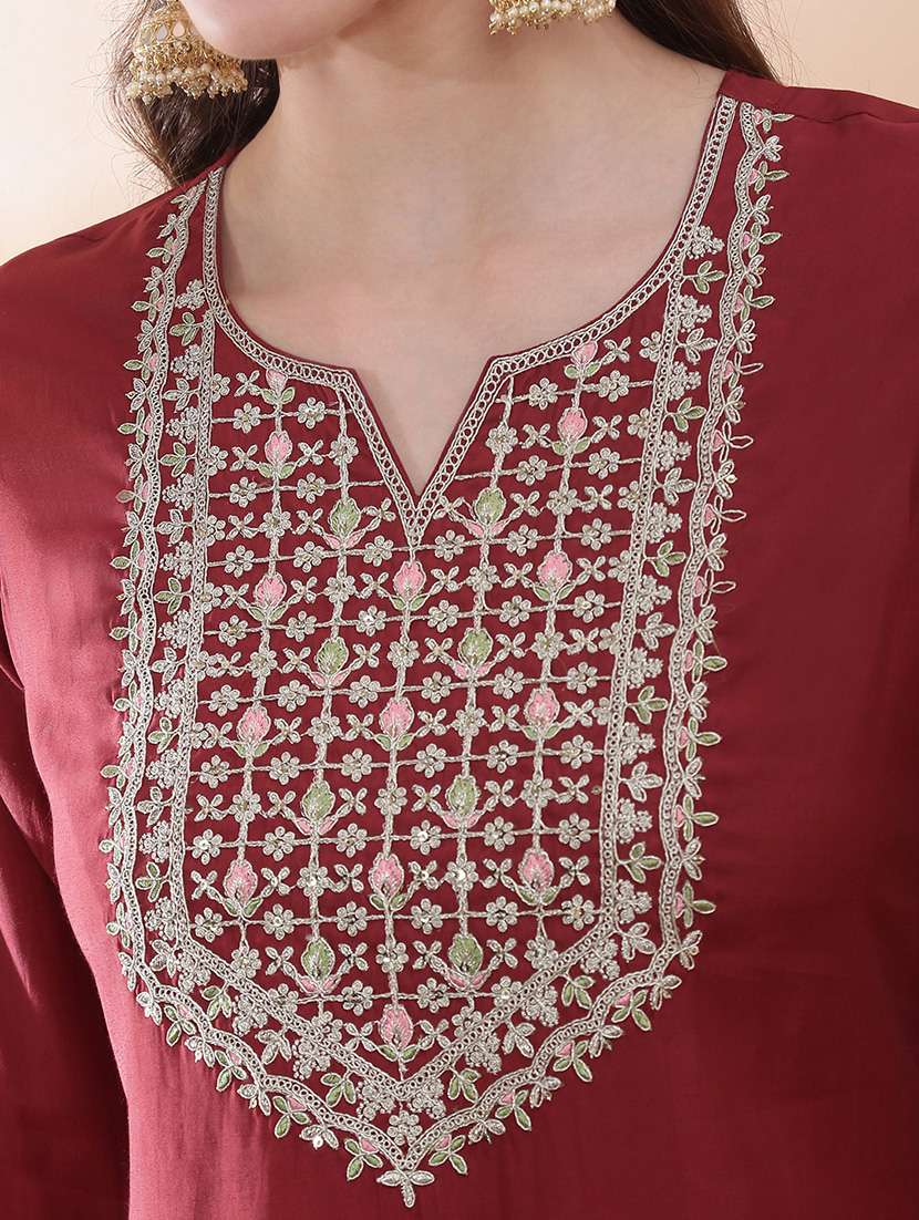 women solid with work three quarter sleeve straight kurta - 22378300 -  Standard Image - 4
