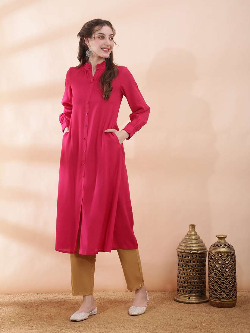 women solid long sleeve a-line kurta