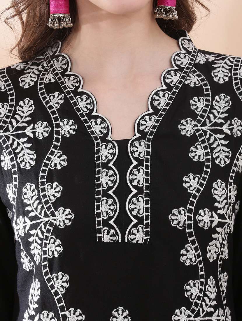 women solid with work three quarter sleeve kurta pant with dupatta set - 22378308 -  Standard Image - 1