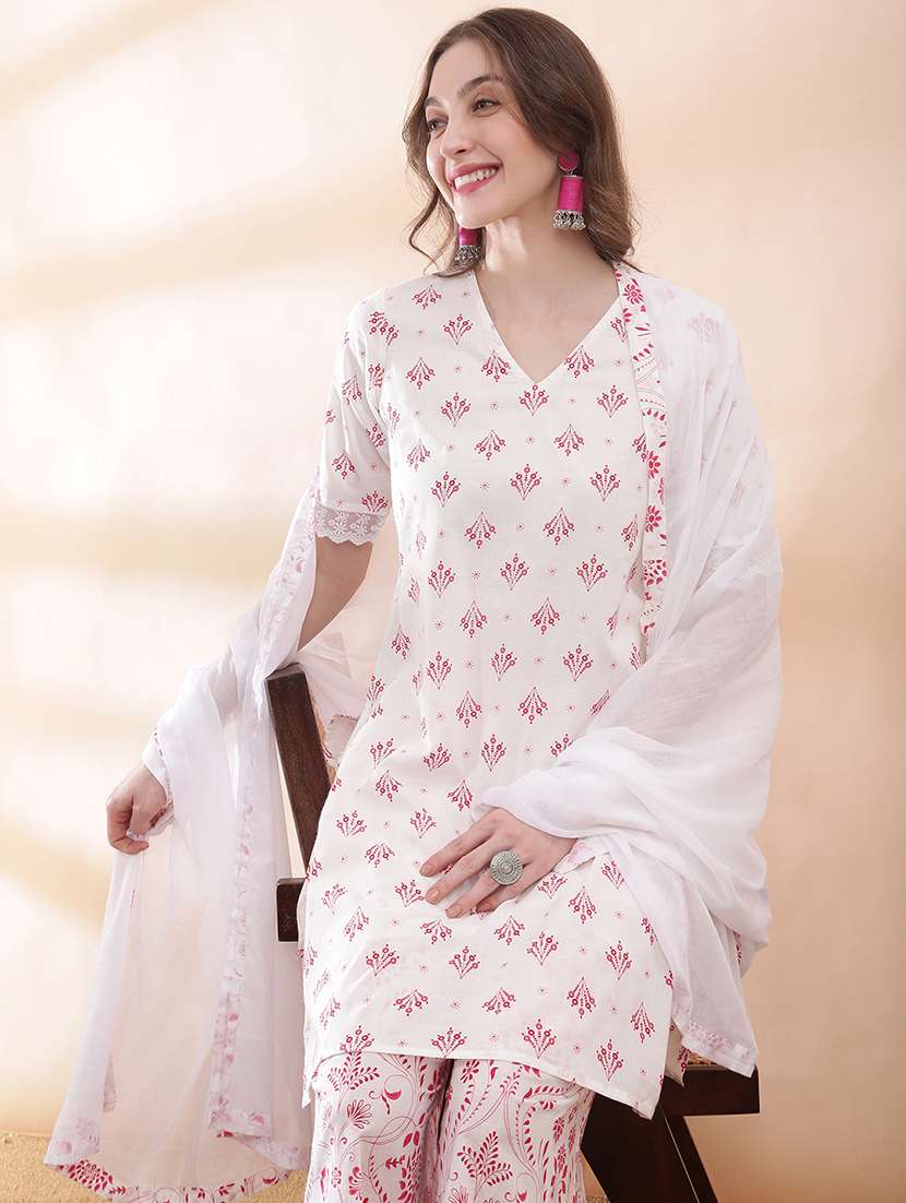 women printed short sleeve kurta palazzo with dupatta set - 22378309 -  Standard Image - 1