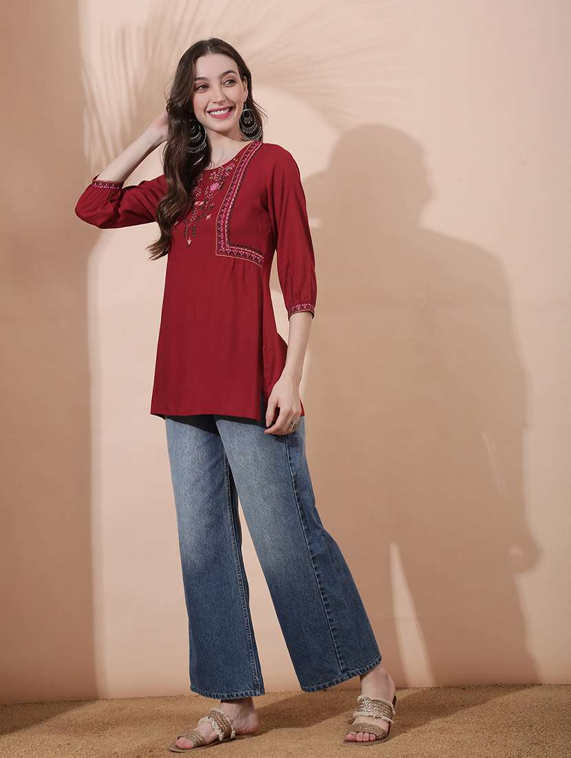 women solid with work three quarter sleeve straight kurti - 22378321 -  Standard Image - 4