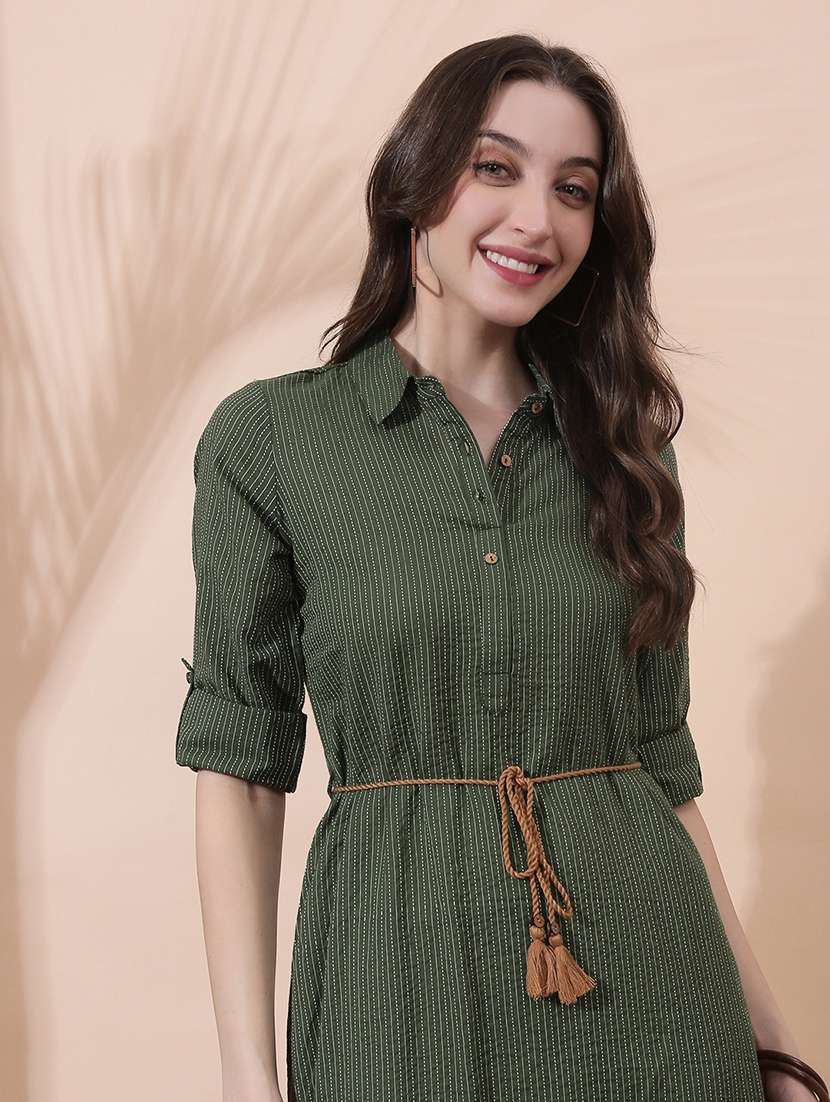 women striped roll up sleeve a-line ethnic dress - 22378328 -  Standard Image - 1