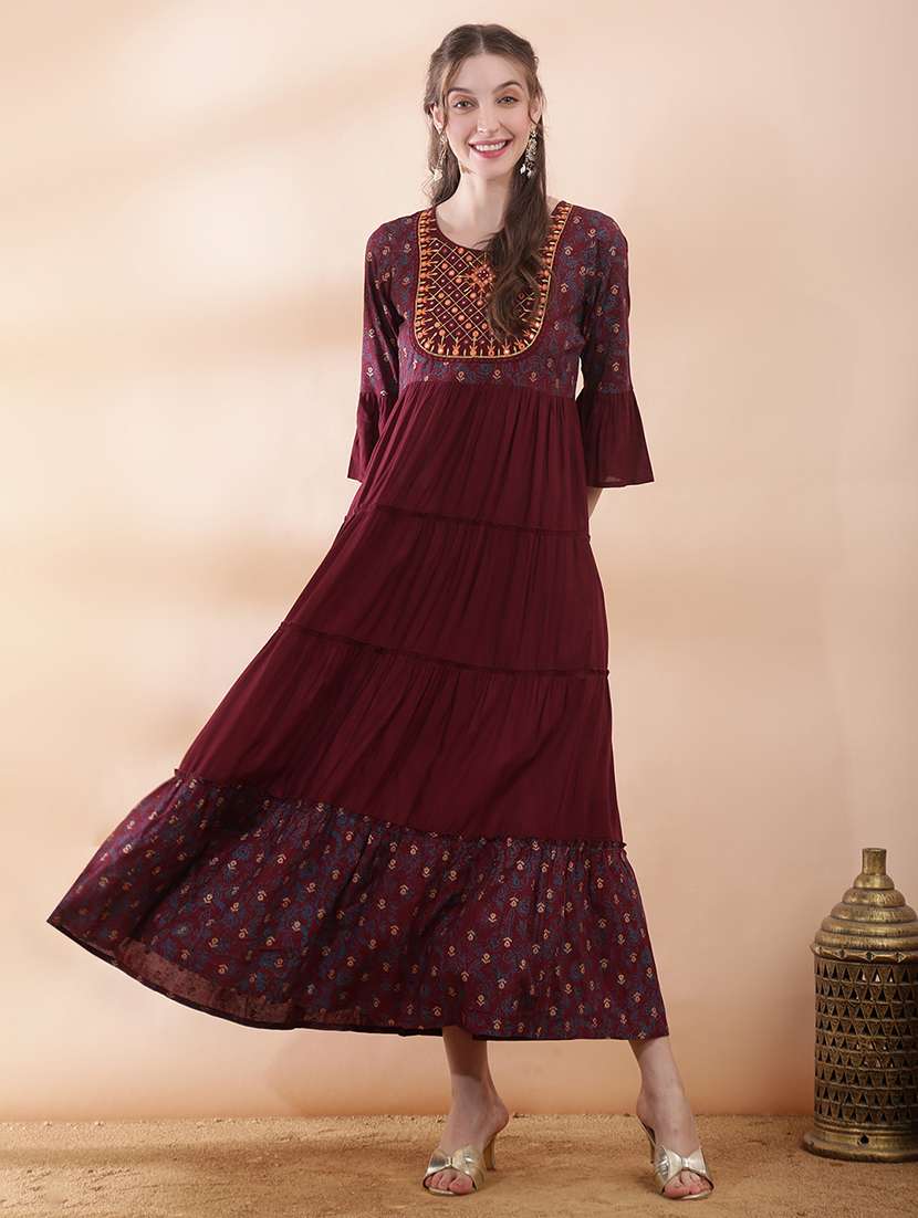 women printed bell sleeve tiered ethnic dress