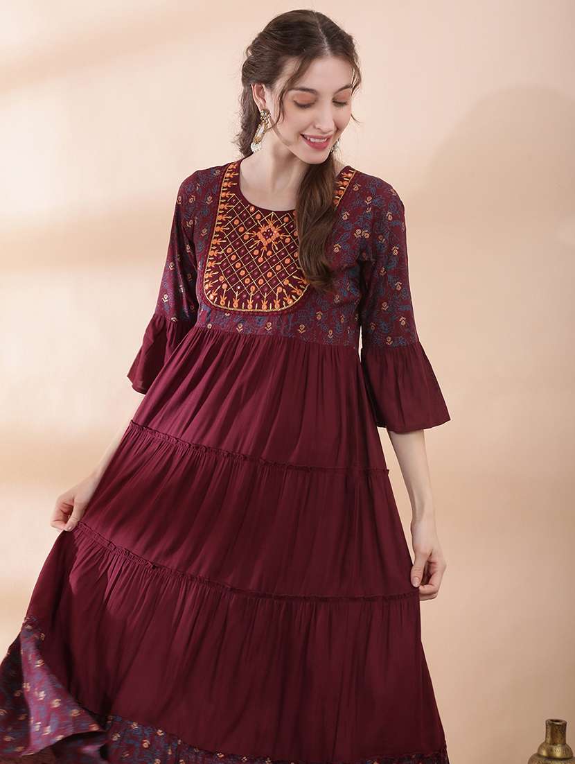 women printed bell sleeve tiered ethnic dress - 22378332 -  Standard Image - 1
