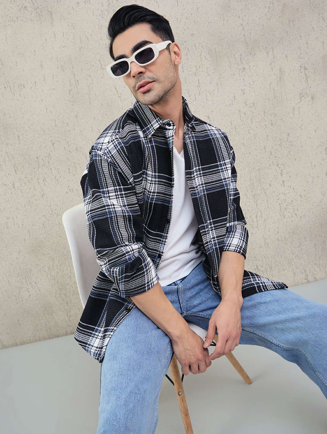 men checkered long sleeve oversized casual shirt