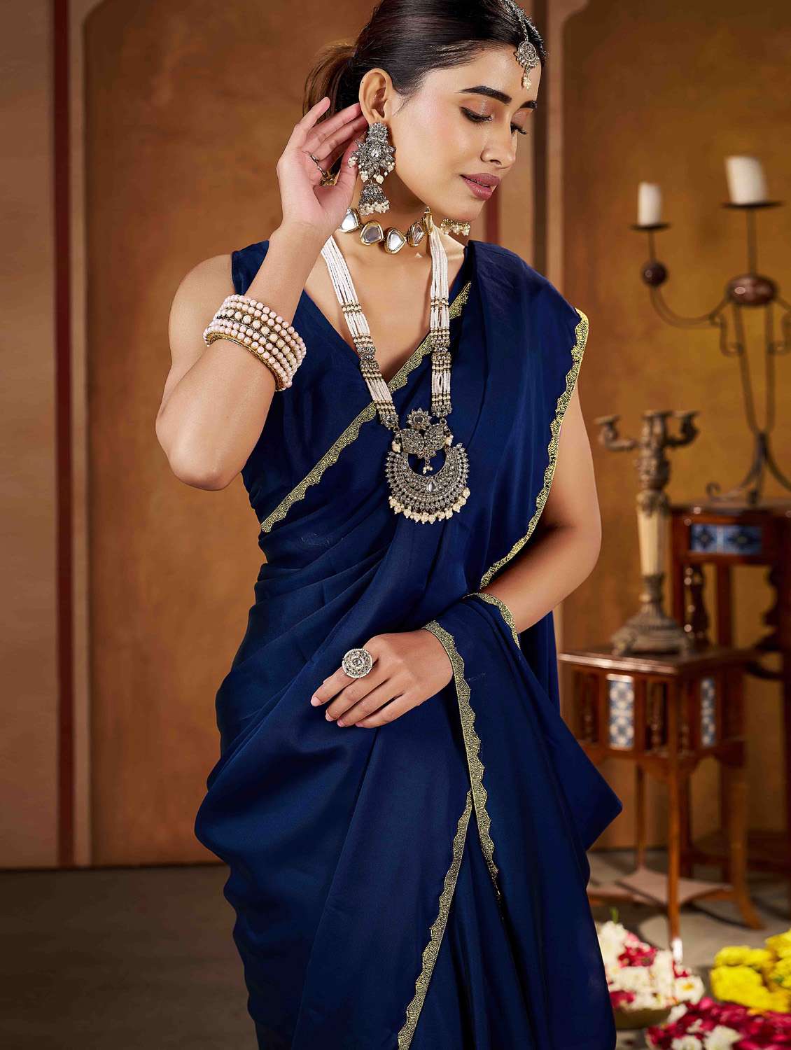 women solid with work embellished saree with blouse - 22378515 -  Standard Image - 4