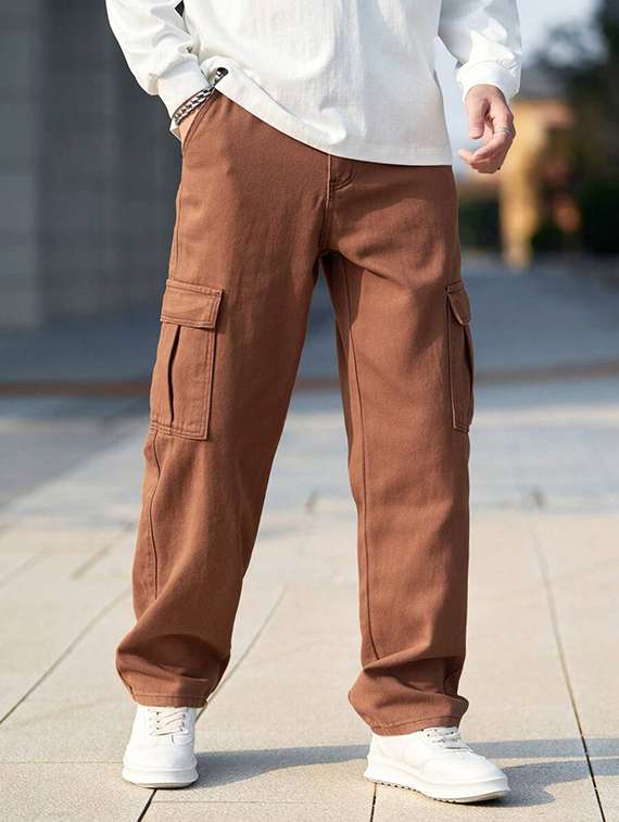 men solid mid rise relaxed fit cargo