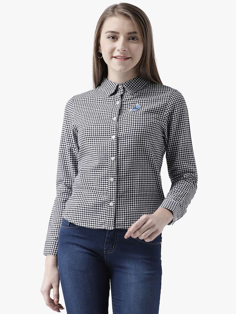 women checkered collared long sleeve shirt