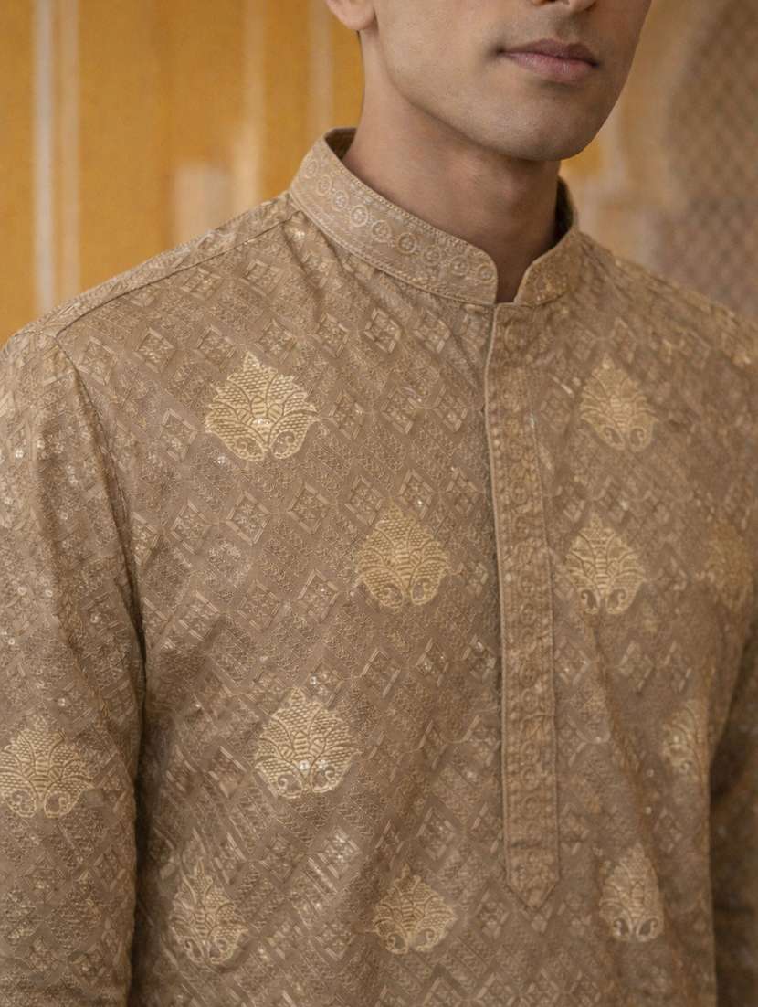 men solid with work mandarin neck kurta pyjama set - 22379207 -  Standard Image - 1