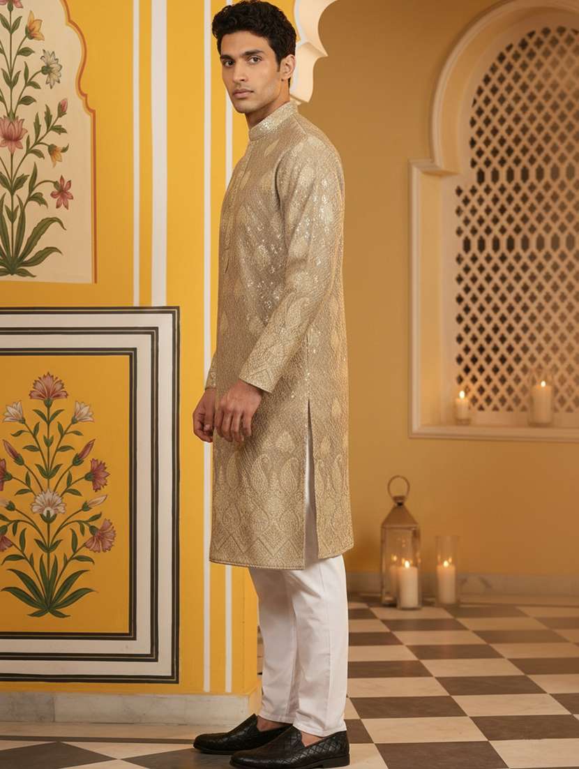 men solid with work mandarin neck kurta pyjama set - 22379207 -  Standard Image - 4