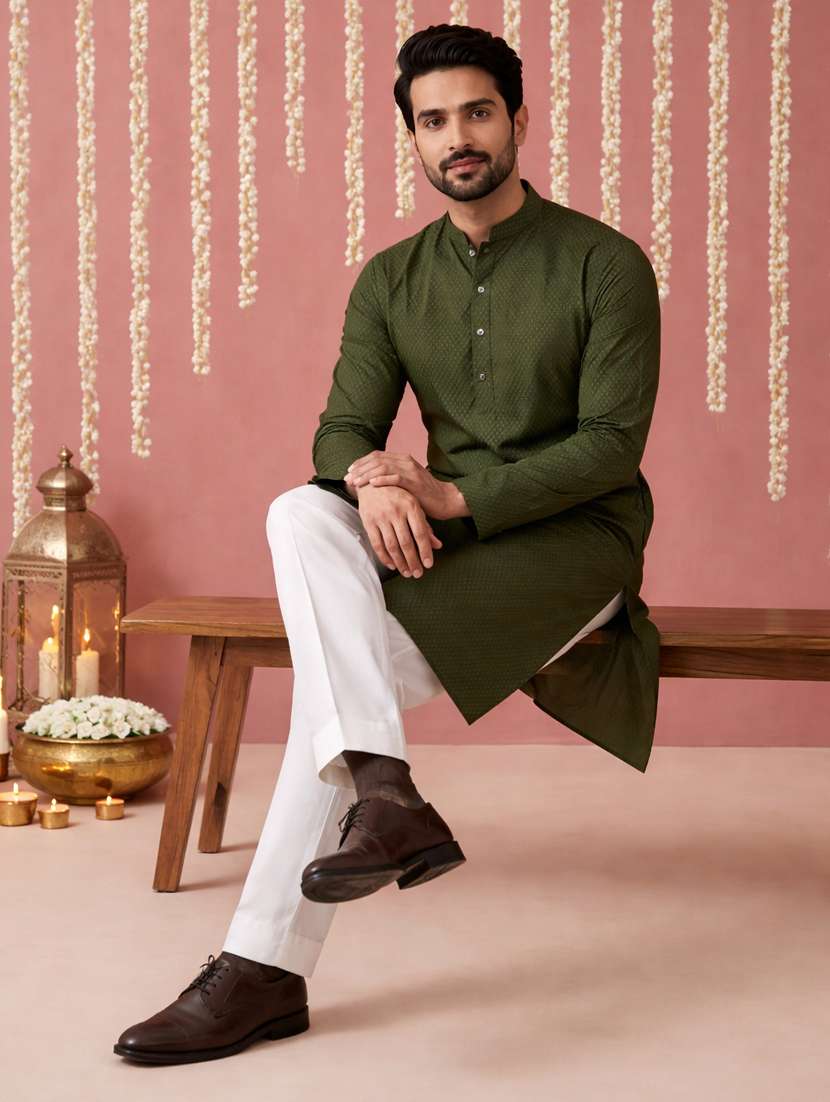 men solid with work mandarin neck kurta pyjama set - 22379215 -  Standard Image - 1