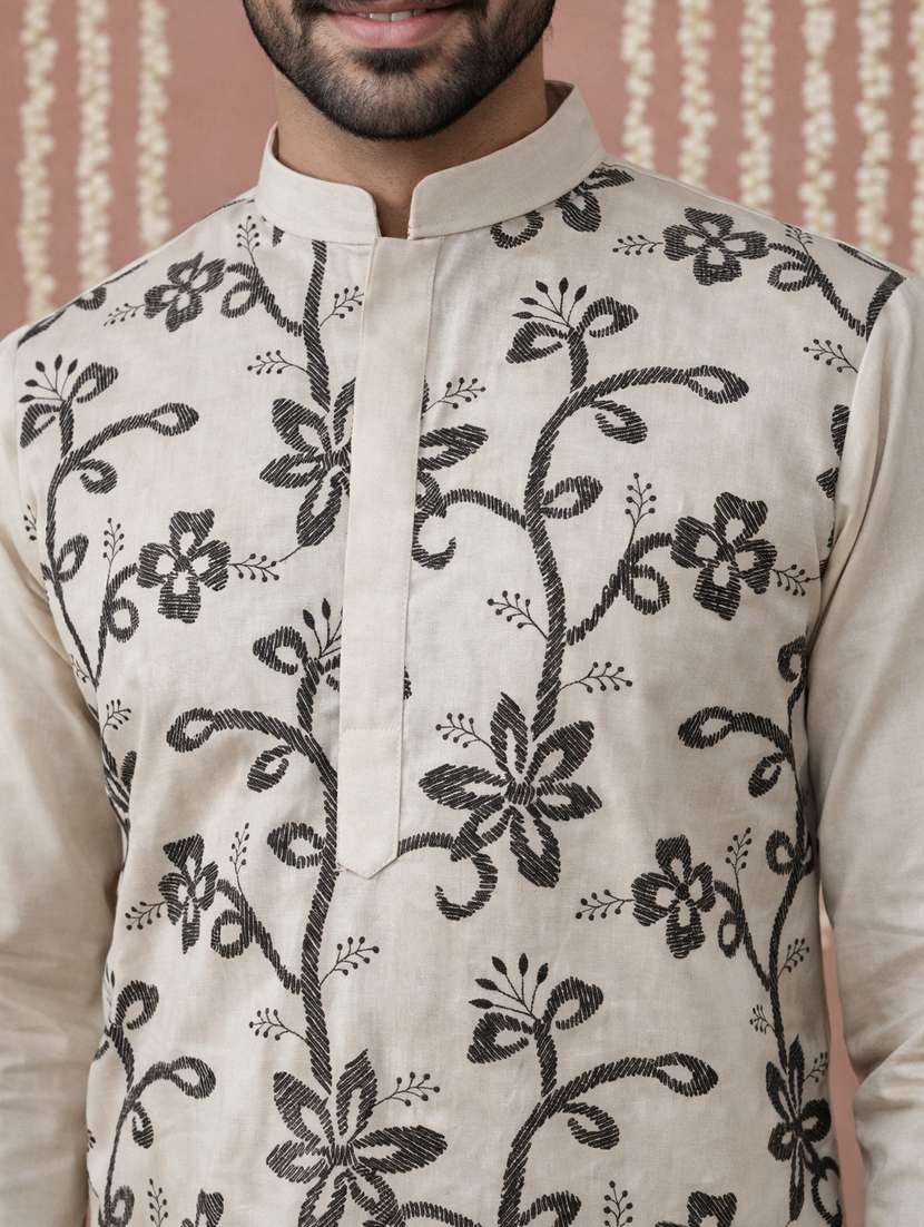 men solid with work mandarin neck kurta pyjama set - 22379218 -  Standard Image - 1