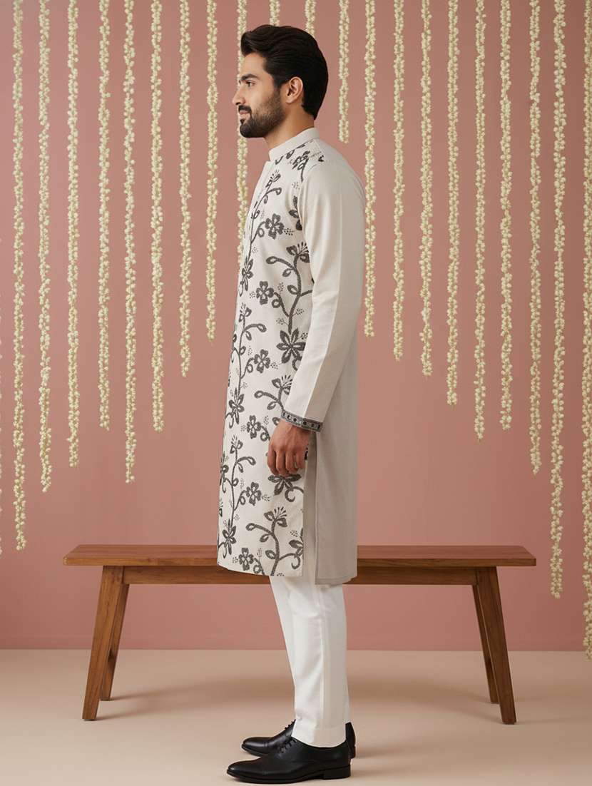 men solid with work mandarin neck kurta pyjama set - 22379218 -  Standard Image - 4