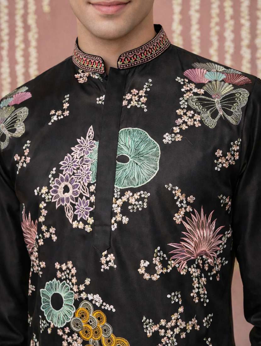 men solid with work mandarin neck kurta pyjama set - 22379219 -  Standard Image - 1