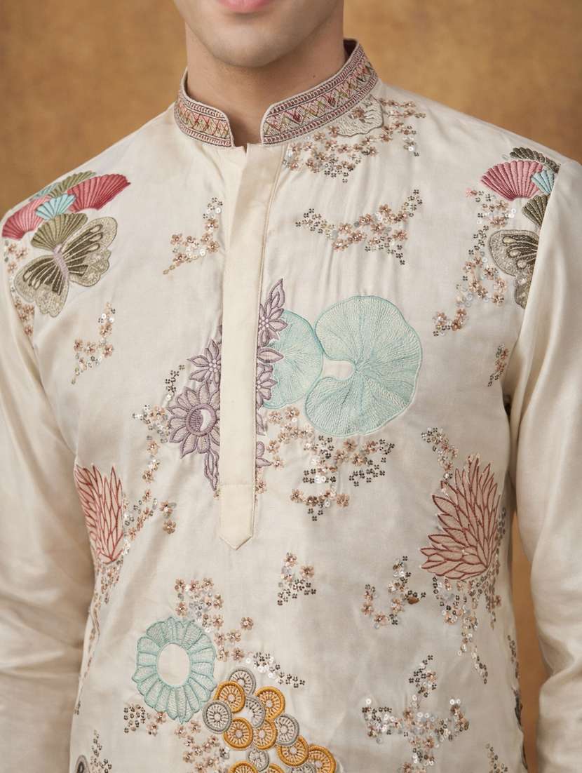 men solid with work mandarin neck kurta pyjama set - 22379220 -  Standard Image - 1