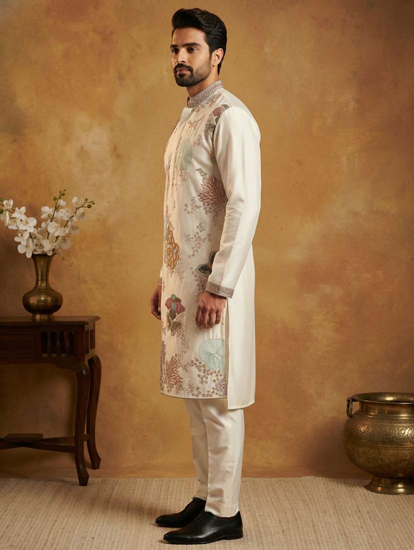 men solid with work mandarin neck kurta pyjama set - 22379220 -  Standard Image - 4