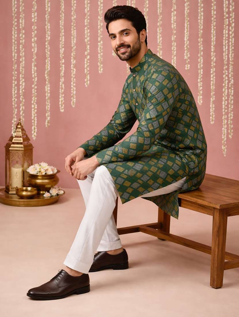 men printed mandarin neck kurta pyjama set - 22379225 -  Standard Image - 1