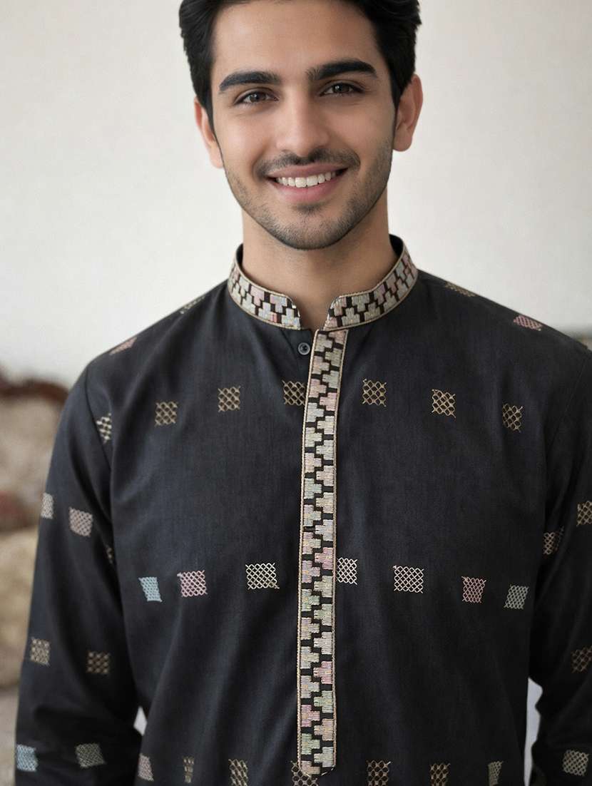 men solid with work mandarin neck kurta pyjama set - 22379237 -  Standard Image - 1