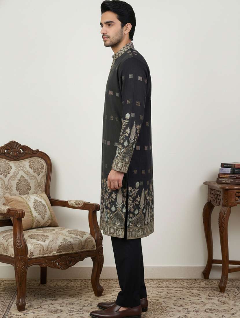 men solid with work mandarin neck kurta pyjama set - 22379237 -  Standard Image - 4