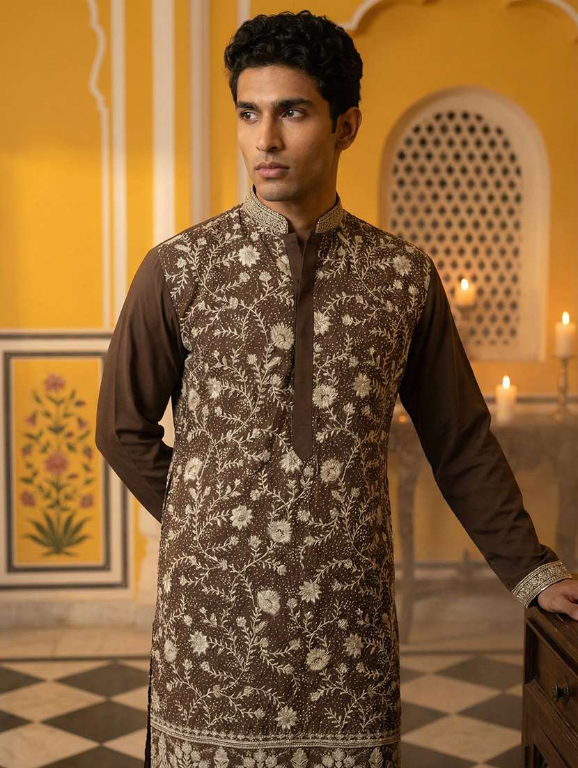 men solid with work mandarin neck kurta pyjama set - 22379242 -  Standard Image - 1